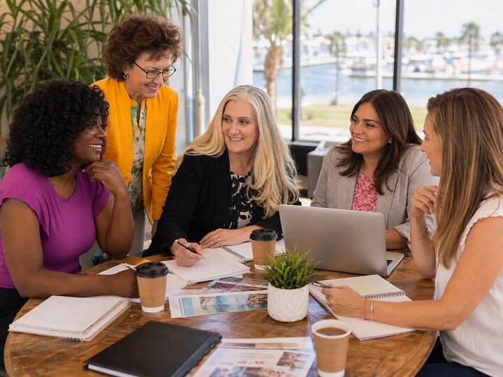 Women collaborating around a table on community and business initiatives.